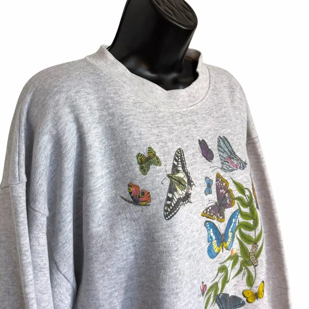 VTG 90s Cotton Grove Butterfly Sweatshirt XL Gray Cottagecore Nature USA Flaw